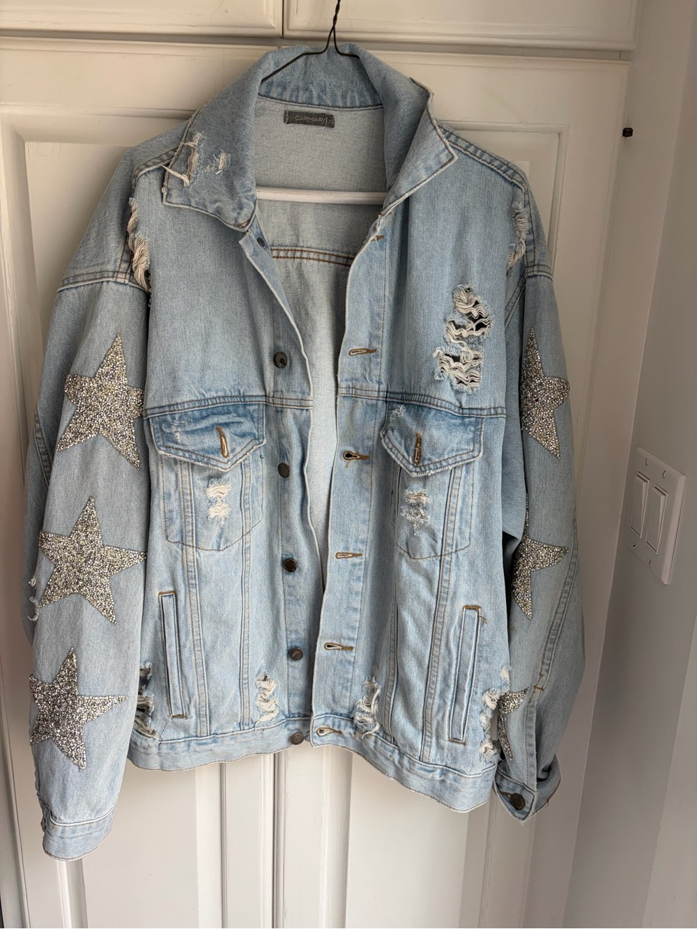 Carmar Light Blue Distressed Denim Jacket with Glitter Star Sleeves